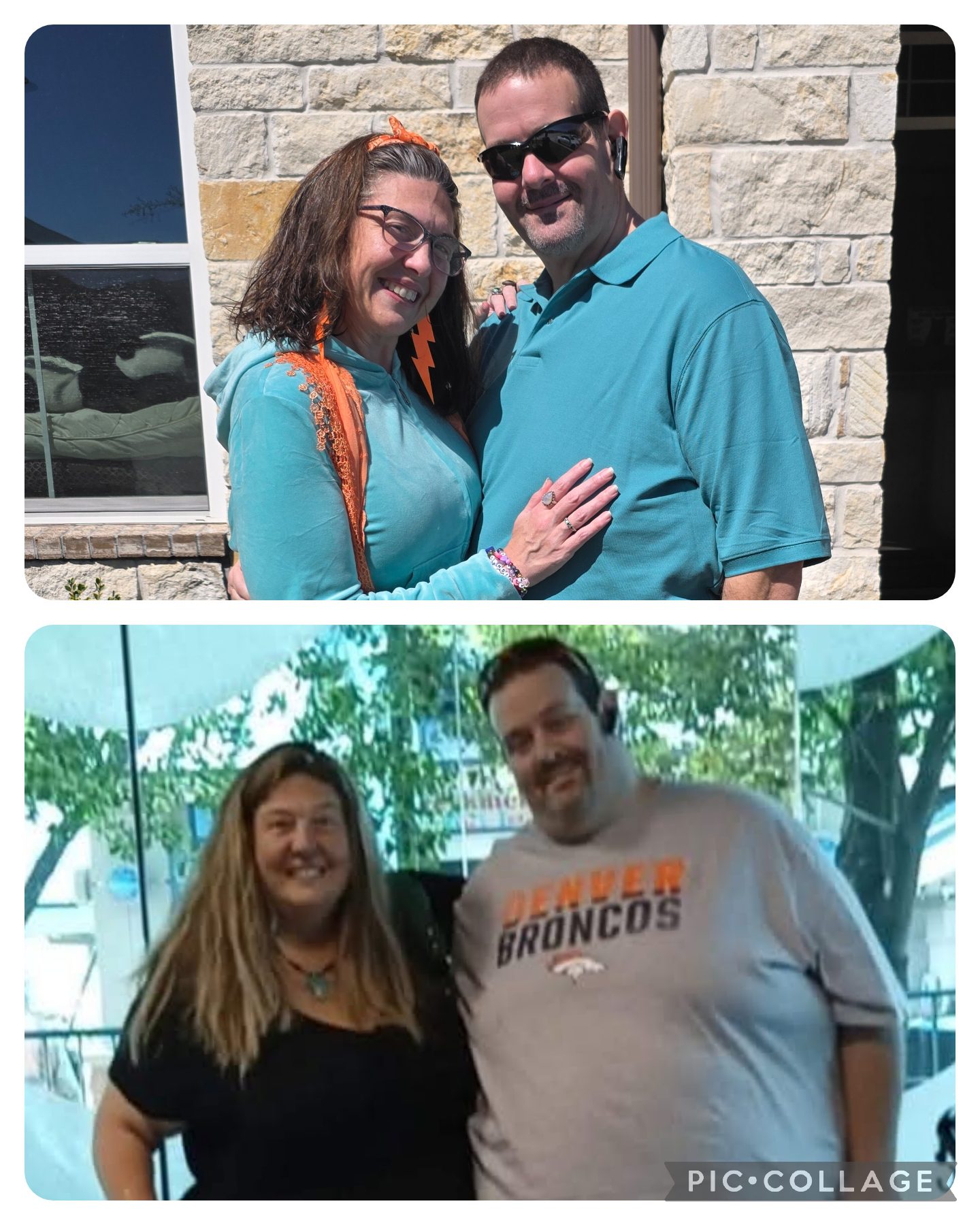 Collage with 2 pictures of Andrea and Jason Bell smiling together outdoors before and after their bariatric weight loss transformations